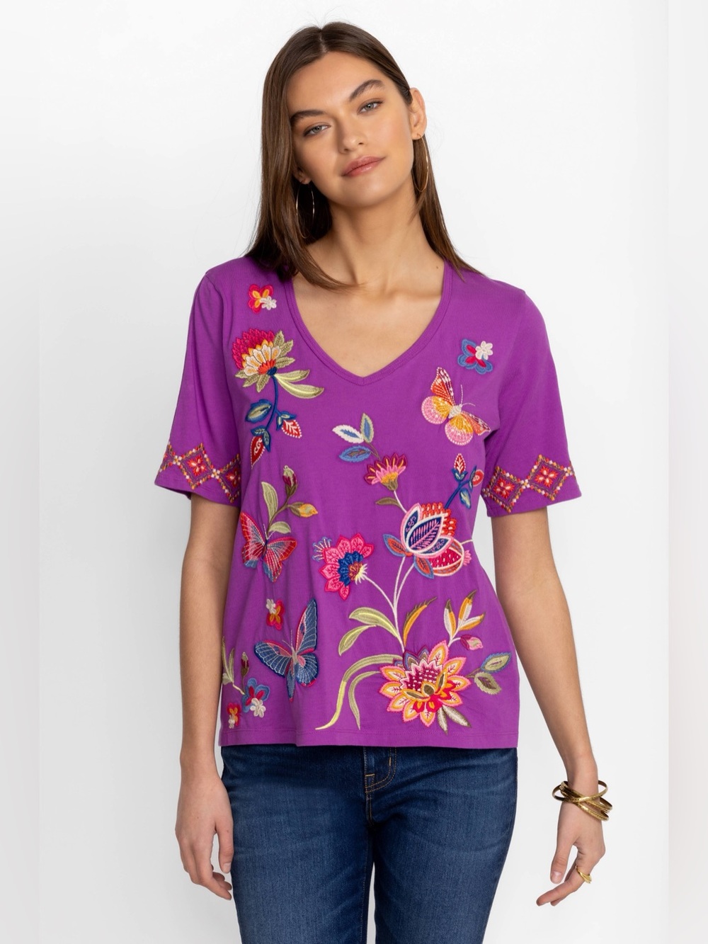 JOHNNY WAS SZ M GRACEY EMBROIDERED TRAPUNTO V NECK COTTON TEE IRIS PURPLE NWT